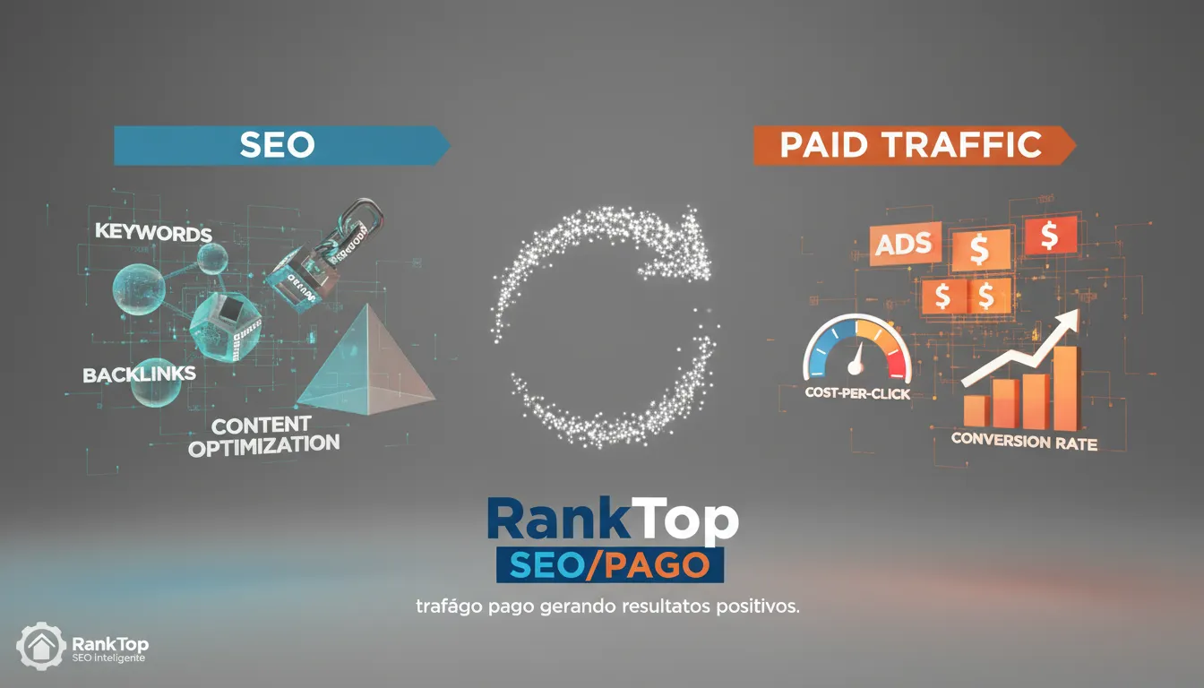 Imagem dividida mostrando a sinergia entre SEO e Tráfego Pago, ilustrando como a RankTop SEO Inteligente alinha as estratégias para resultados otimizados.